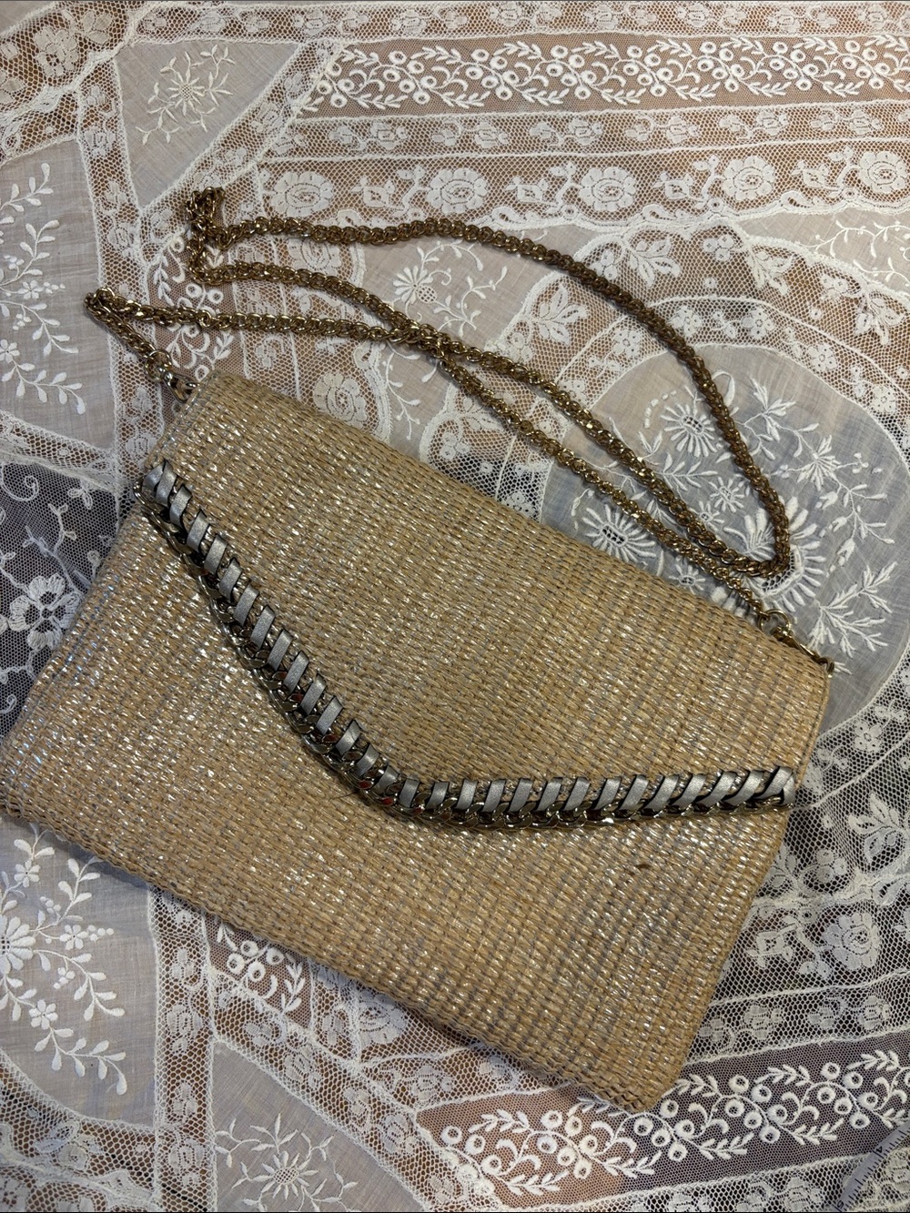 Aldo Woven Straw Clutch in Natural Beige with Silver Accent